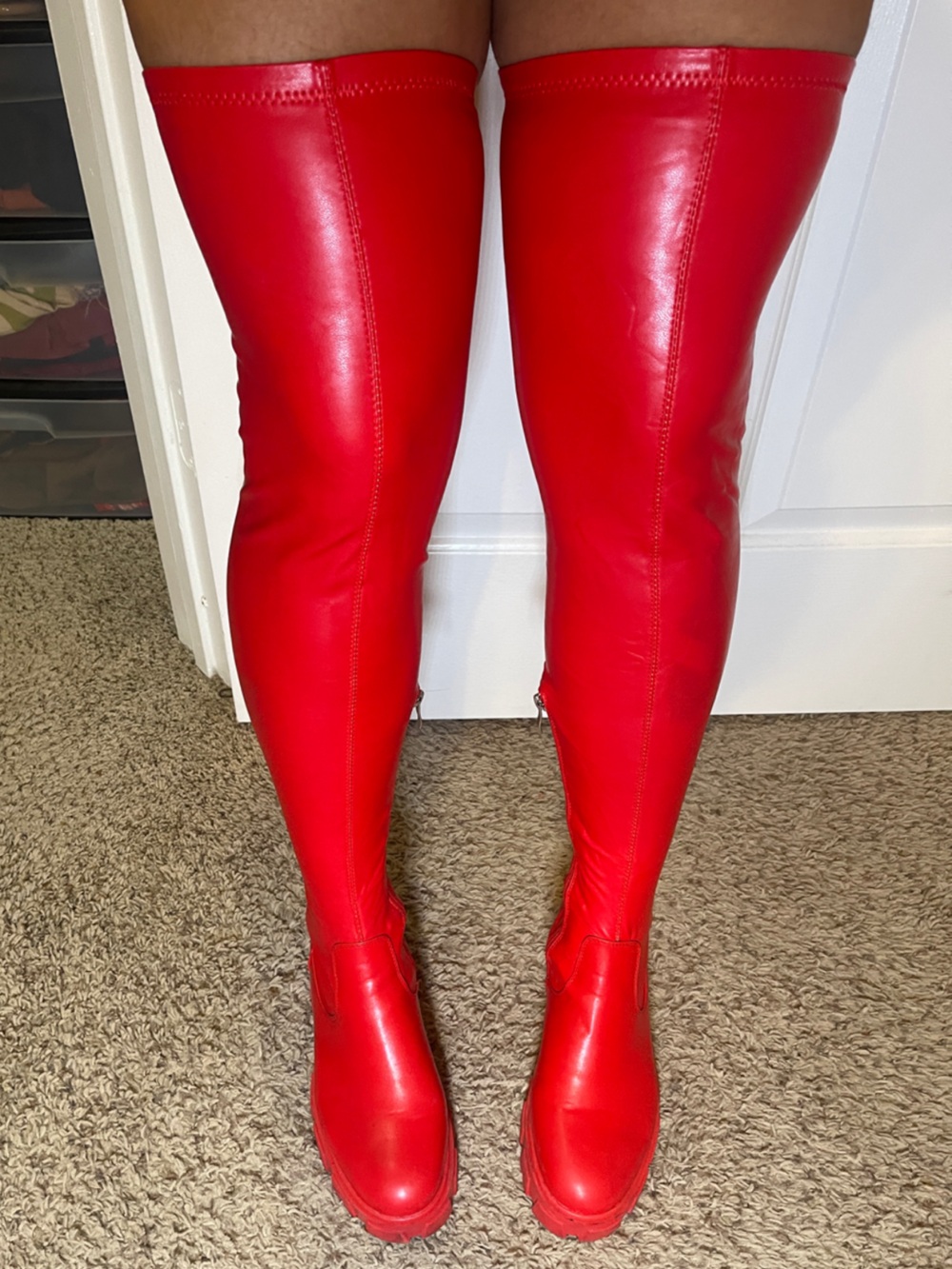 AZALEA WANG - Red Thigh High Lugged Boots